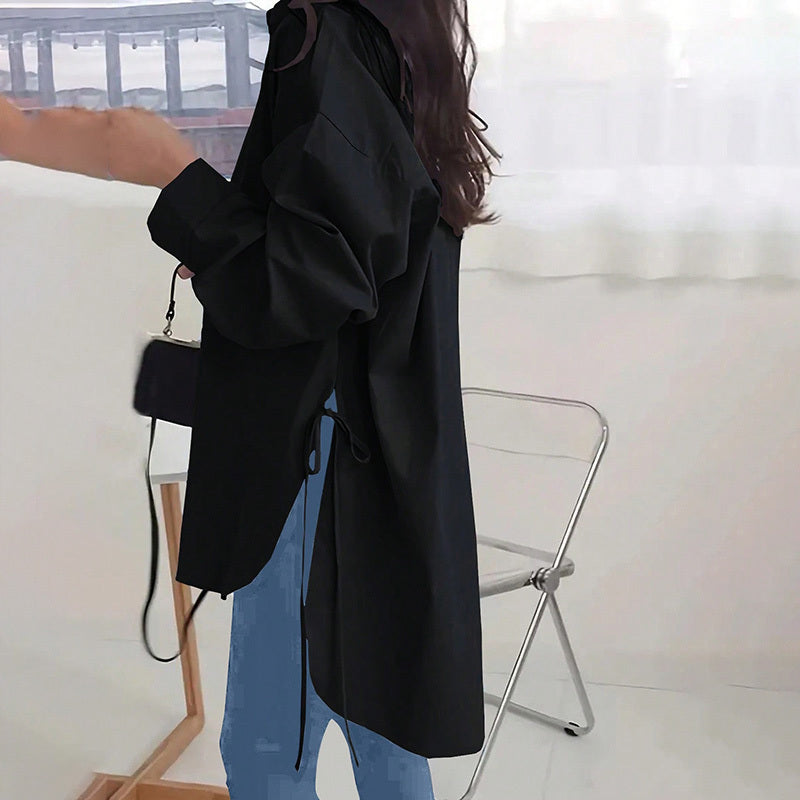 Women's Casual Loose-Fit Long Sleeve Shirt - Side Slit Tie Detail Button-Down Blouse, Solid Color Top - The Eggy's store