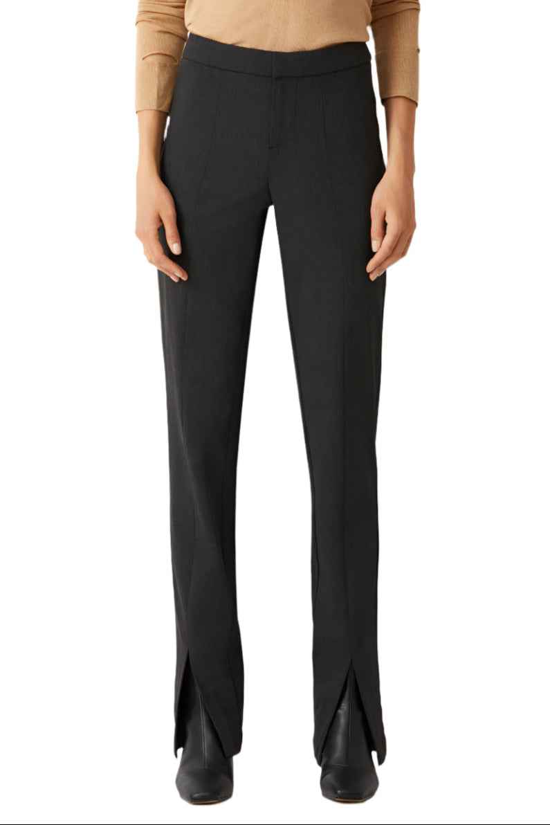 ECRU Designs Banded Waist Button Hook Zipper Closure Slit Front Hem Stretch Crepe Women's Pants