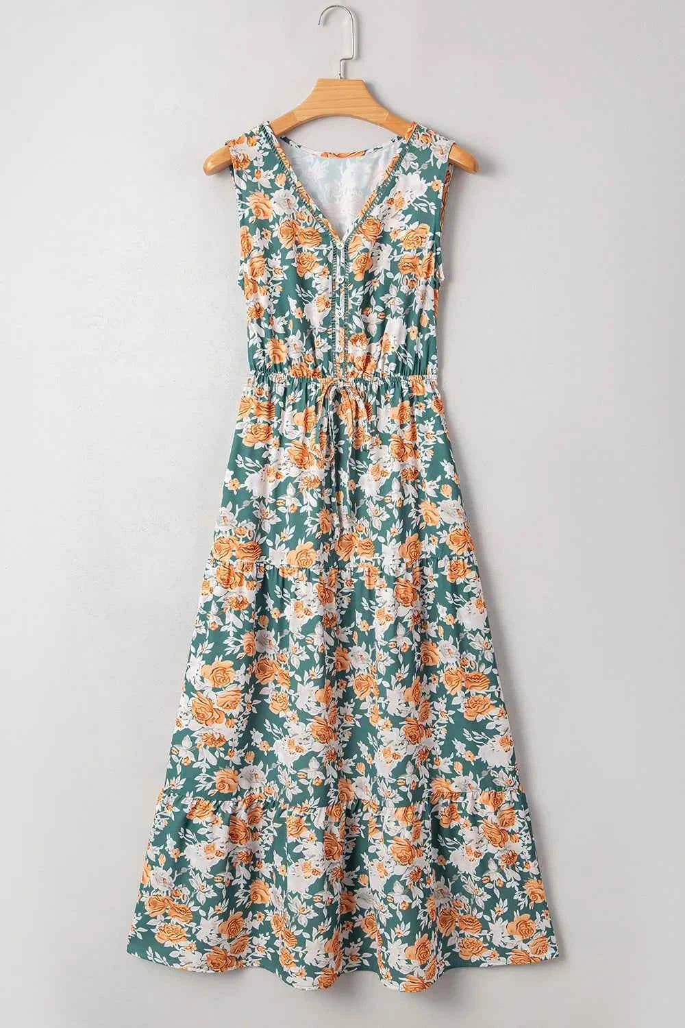Floral Print Trimmed V Neck Tie Waist Sleeveless Dress