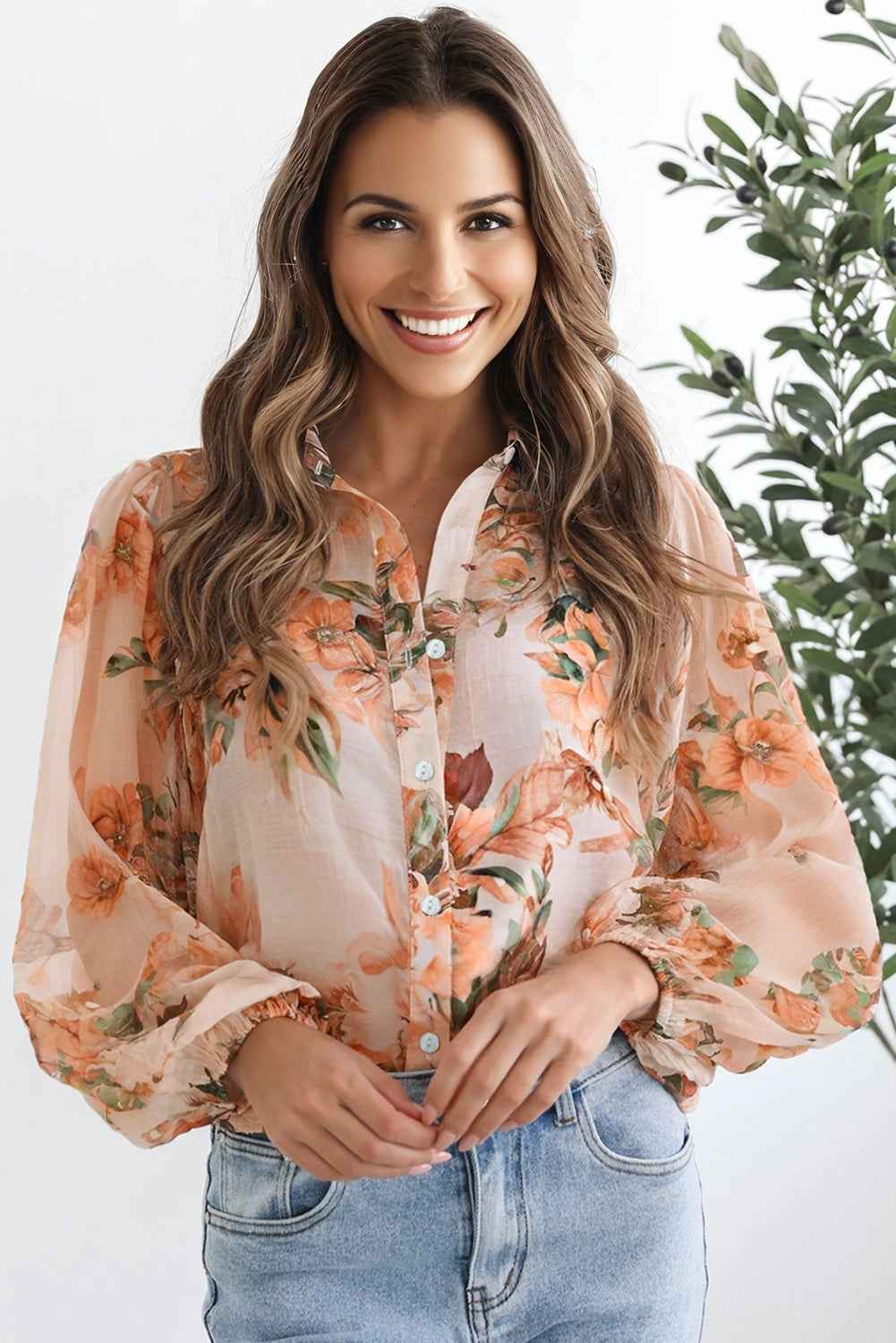 Floral Puff Sleeve Collared Shirt