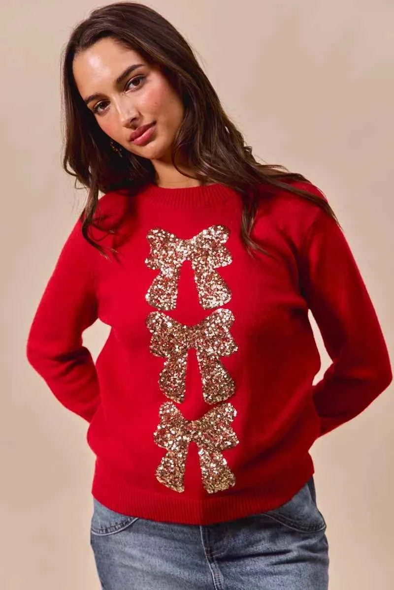 SO ME Sequins Bow Ribbon Embellished Christmas Sweater