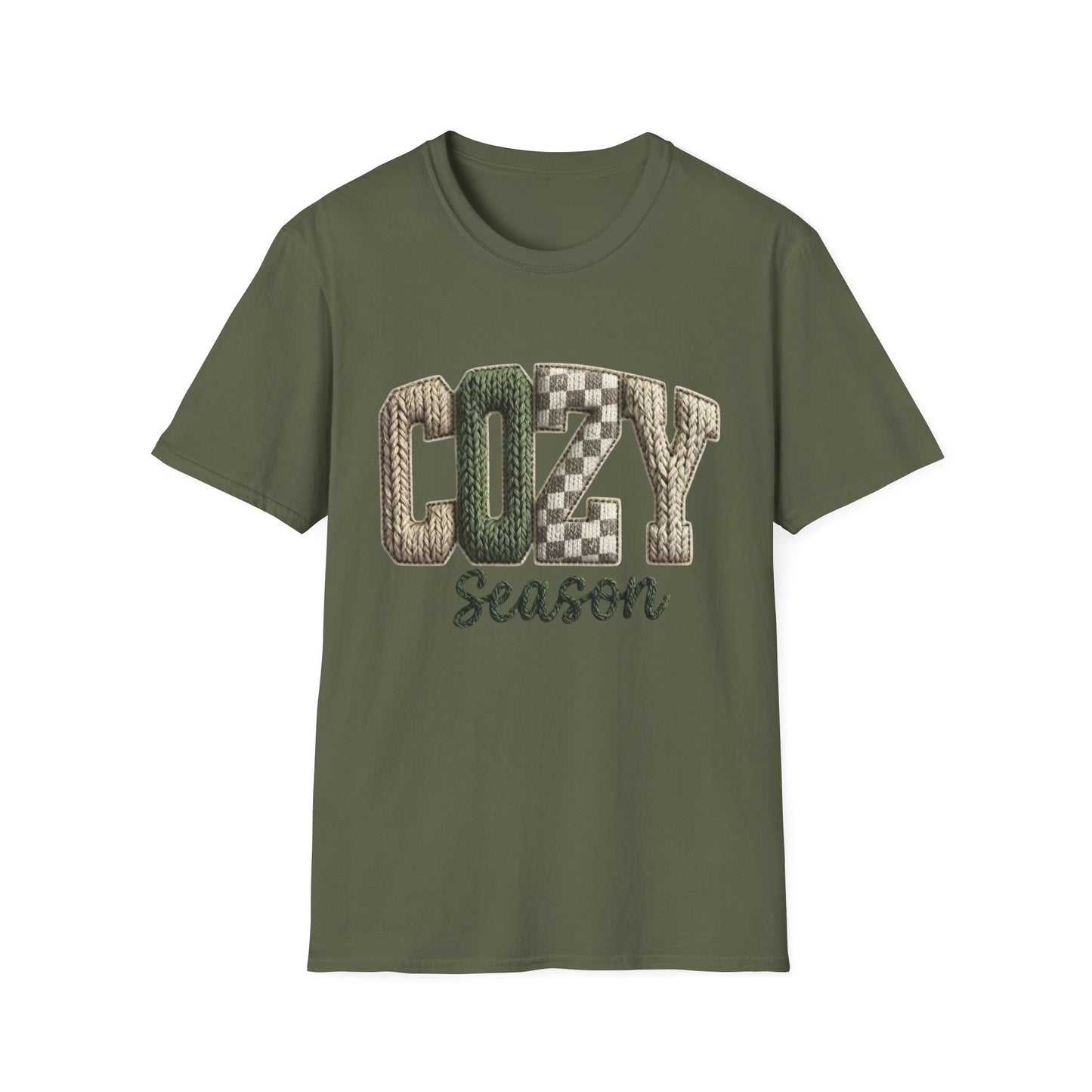 Cozy Season Women's T-Shirt — Plaid Knit Lettering Fall Graphic Tee