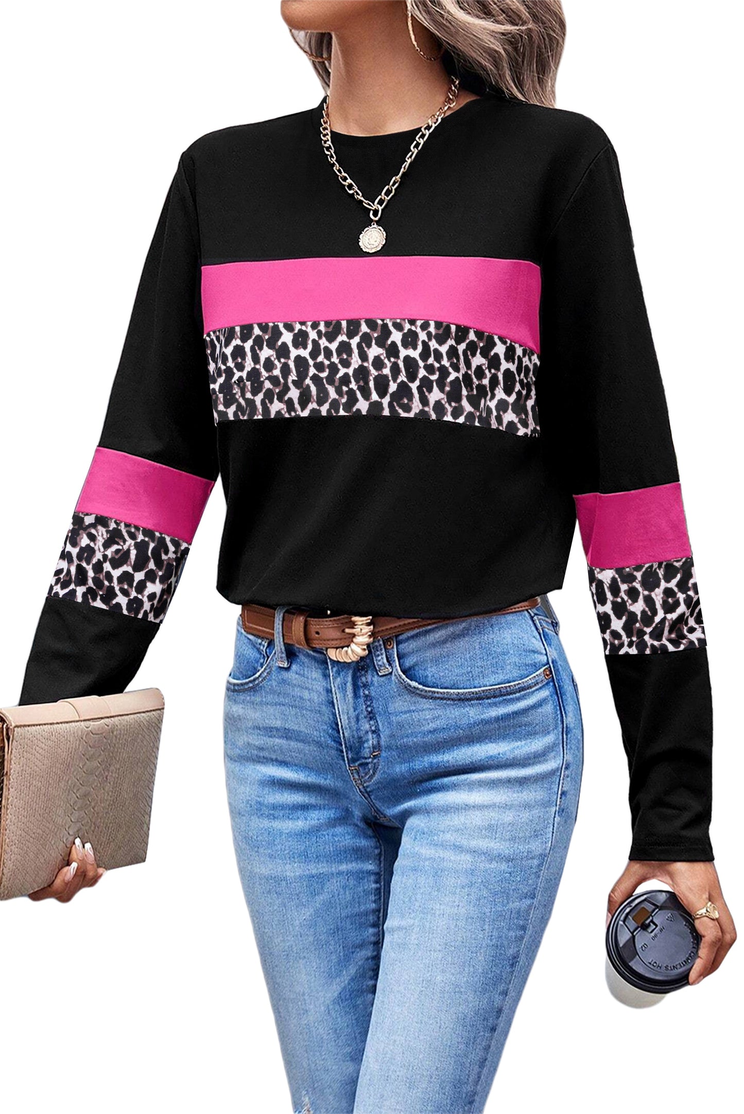 Rose Leopard Colorblock Patchwork Crew Neck Women’s Top - The Eggy's store