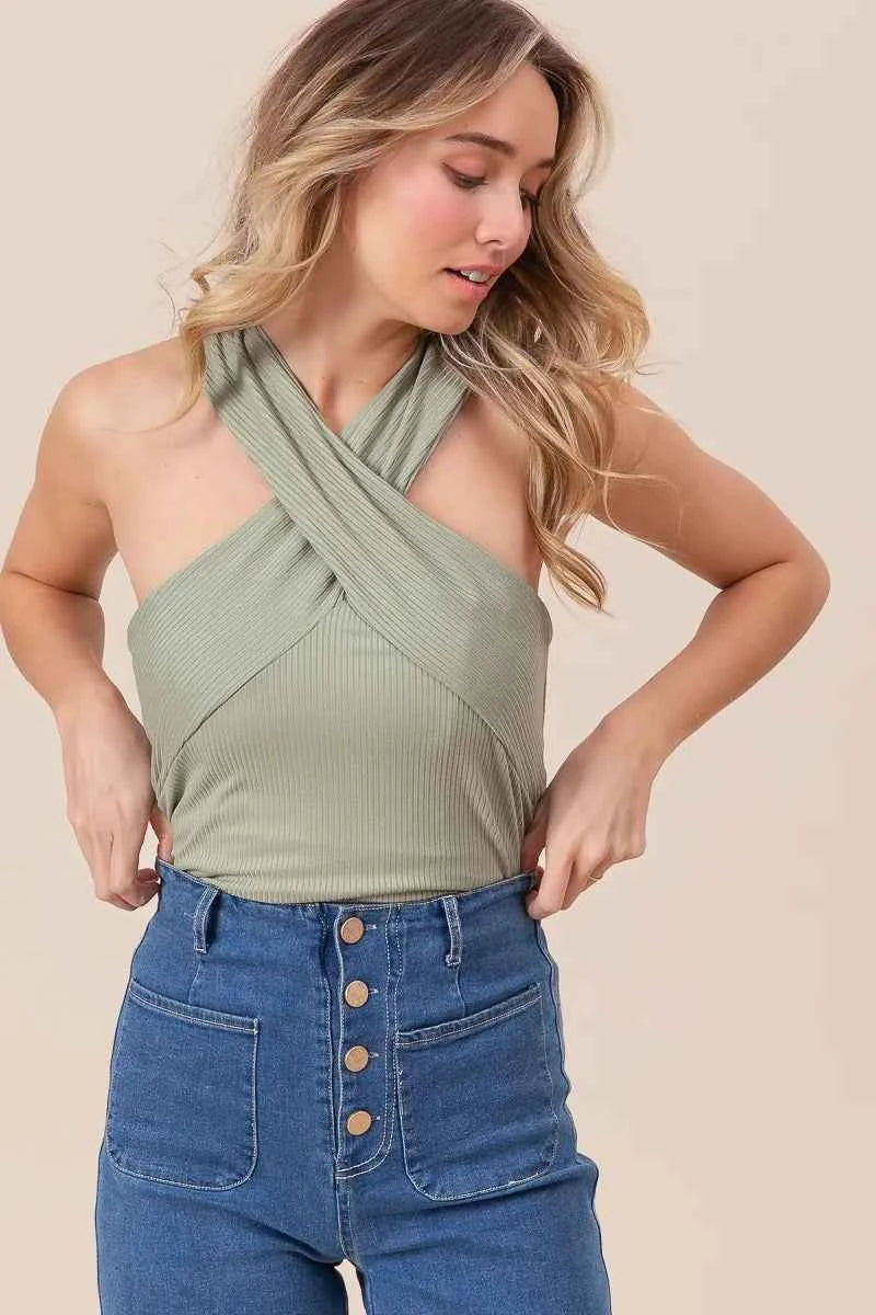 BiBi Rib Knit Cross Neck Banded Top