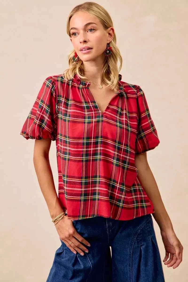 BiBi Christmas Plaid Short Sleeves Ruffled Blouse