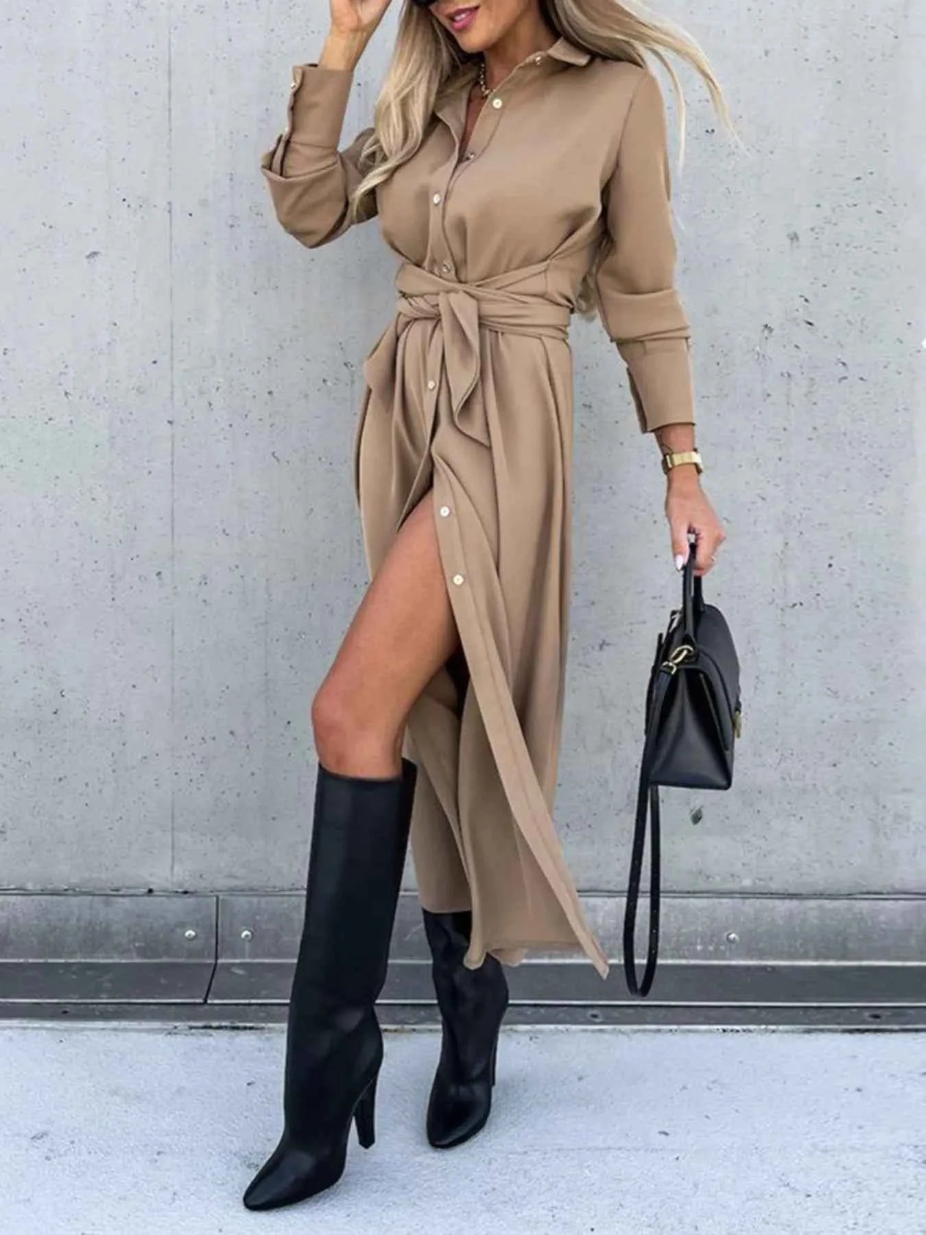 Button Front Long Sleeve Shirt Dress