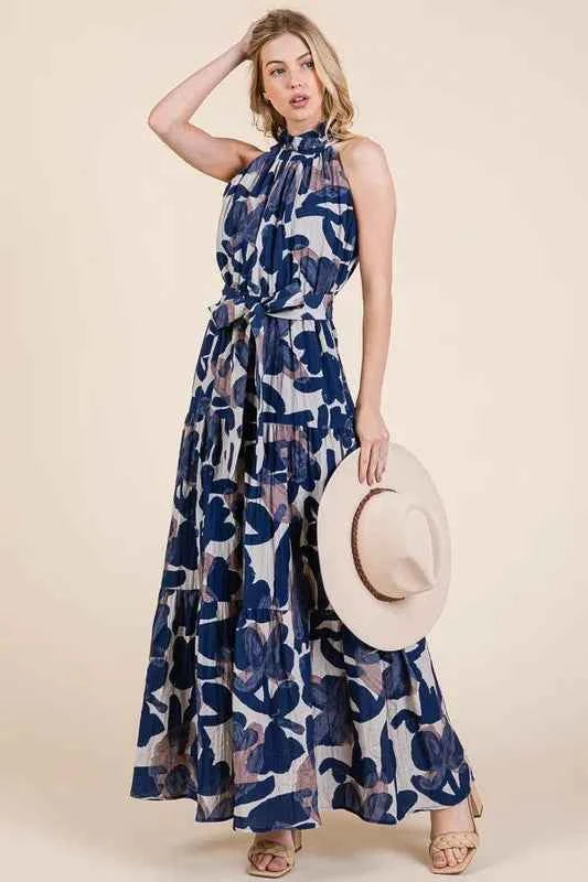 Lime 'N' Chili Abstract Halter Neck Tie-Waist Tiered Maxi Dress