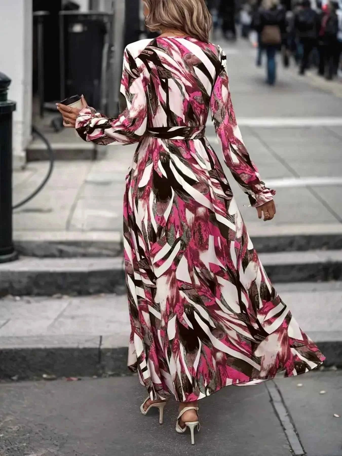 Printed Surplice Flounce Sleeve Maxi Dress