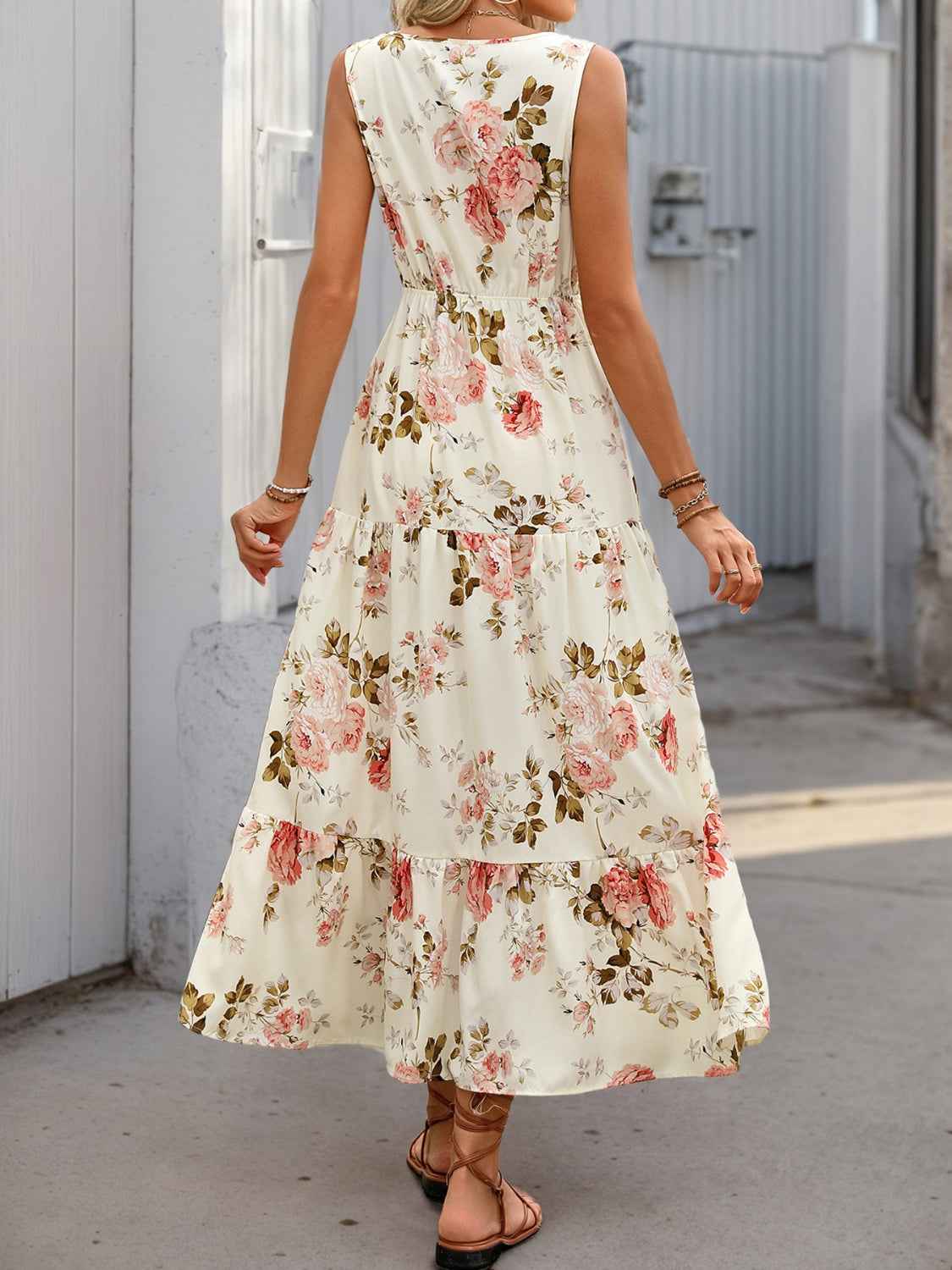 Printed Ruffled Hem V-Neck Sleeveless Dress