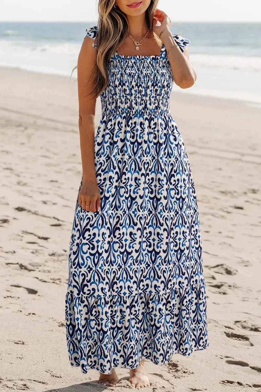 Smocked Printed Square Neck Boho Tiered Midi Dress