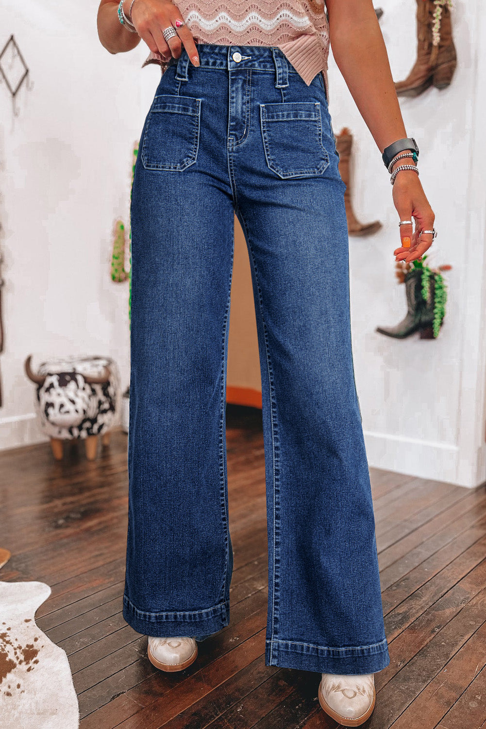 Sail Blue Wide Leg Pocketed High Waist Women's Jeans - The Eggy's store