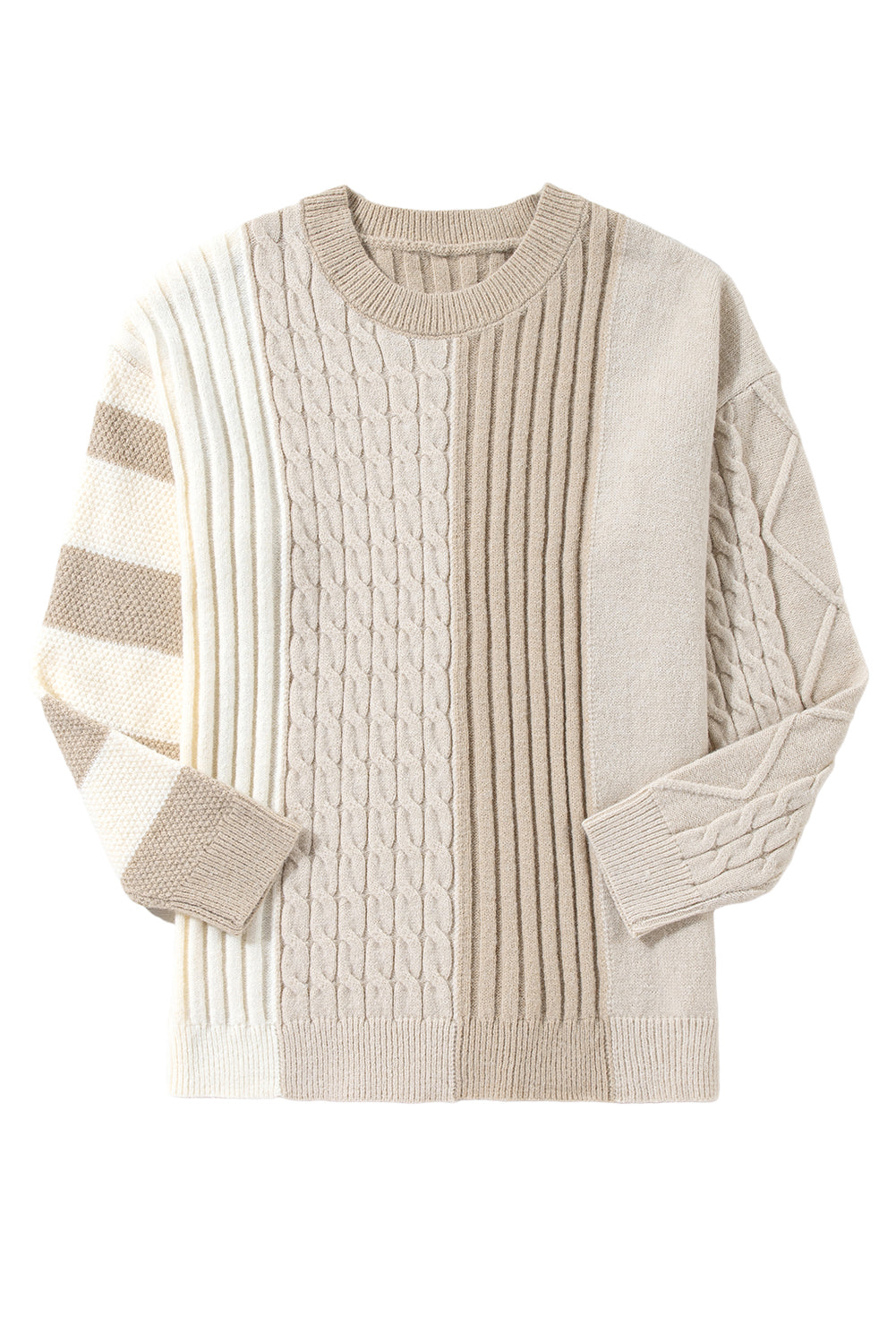 Khaki Cable Knit Colorblock Crew Neck Drop Shoulder Sweater - The Eggy's store