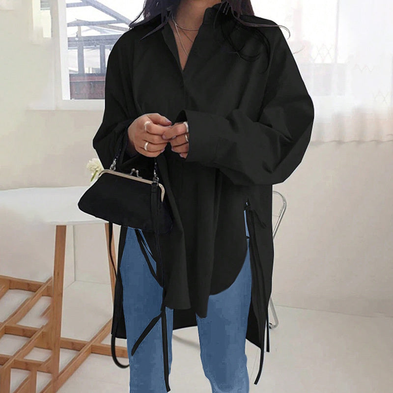 Women's Casual Loose-Fit Long Sleeve Shirt - Side Slit Tie Detail Button-Down Blouse, Solid Color Top - The Eggy's store