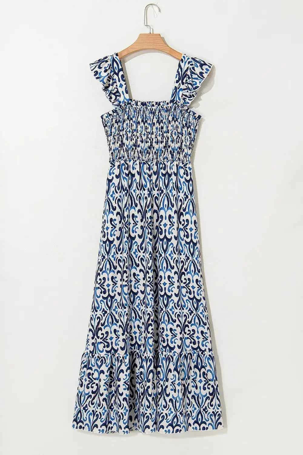 Smocked Printed Square Neck Boho Tiered Midi Dress