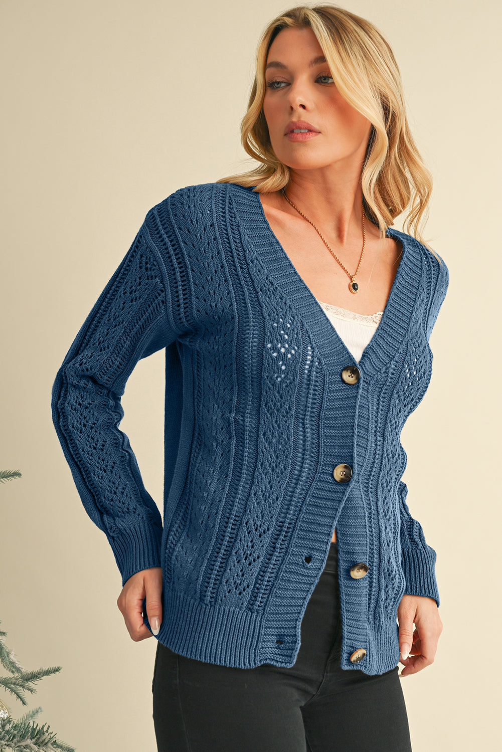 Dark Khaki Hollow Knit Drop Shoulder Cardigan - The Eggy's store