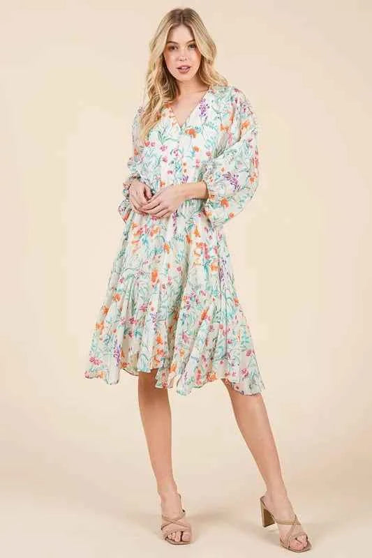 Lime 'N' Chili Floral Cinched Waist Balloon Sleeve V-Neck Dress