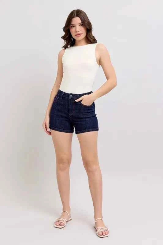 Judy Blue Full Size High Waist Heart Shaped Pkts & Red Contrast Thread Denim Shorts Plus Size