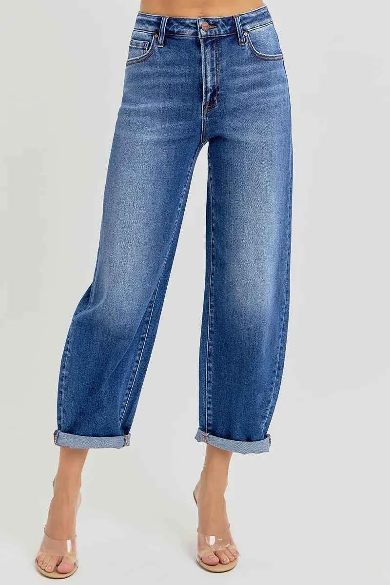 RISEN Full Size High Rise Crop Mild Barrel Jeans Plus Size