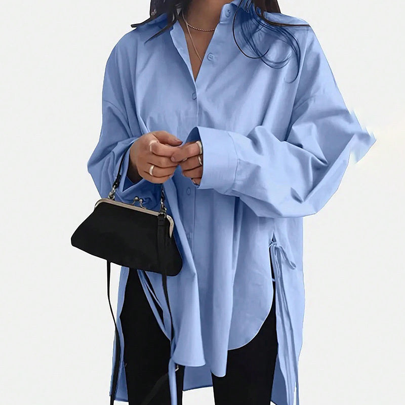 Women's Casual Loose-Fit Long Sleeve Shirt - Side Slit Tie Detail Button-Down Blouse, Solid Color Top - The Eggy's store
