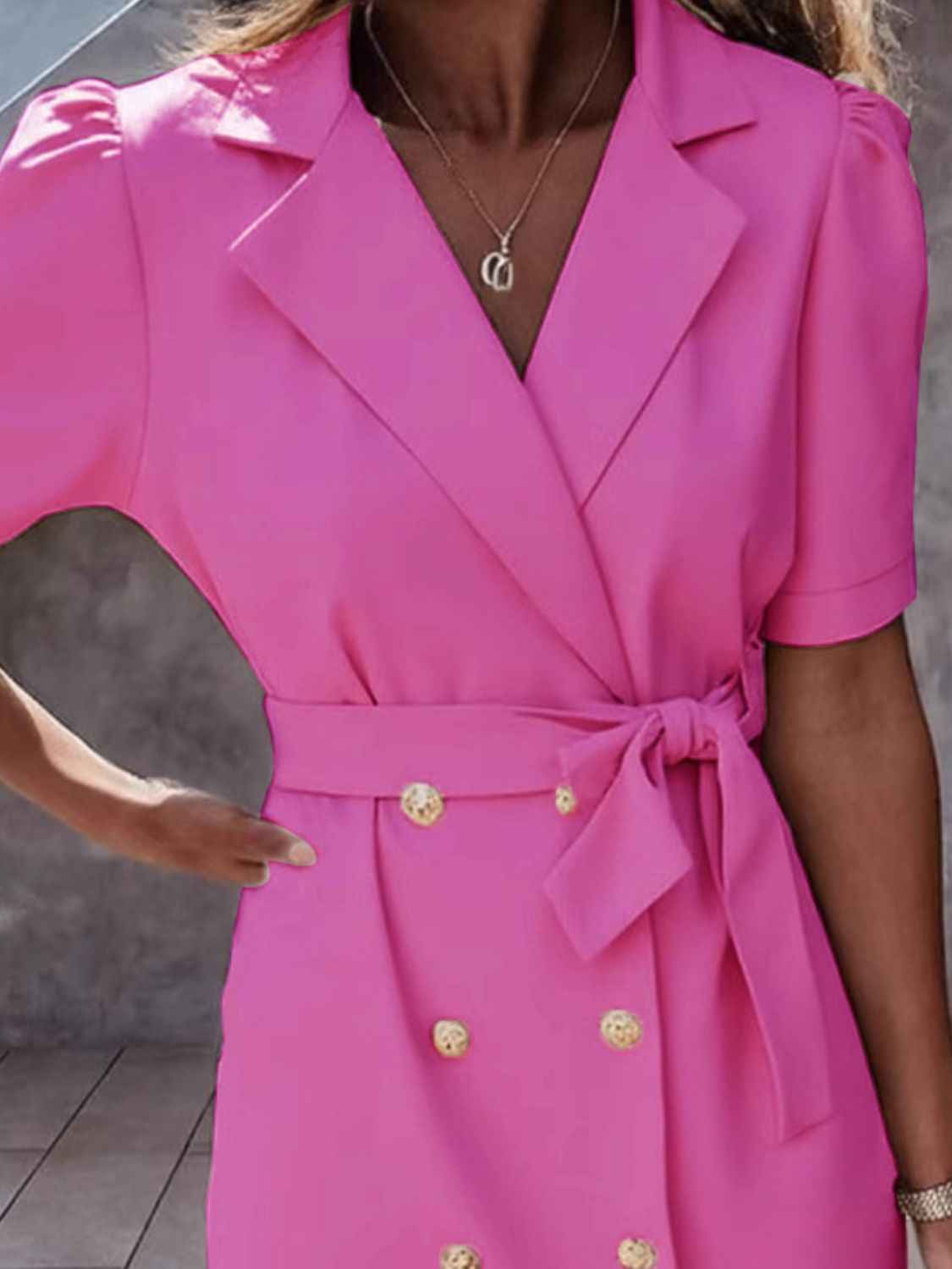 Lapel Collar Short Sleeve Tie Waist Mini Dress