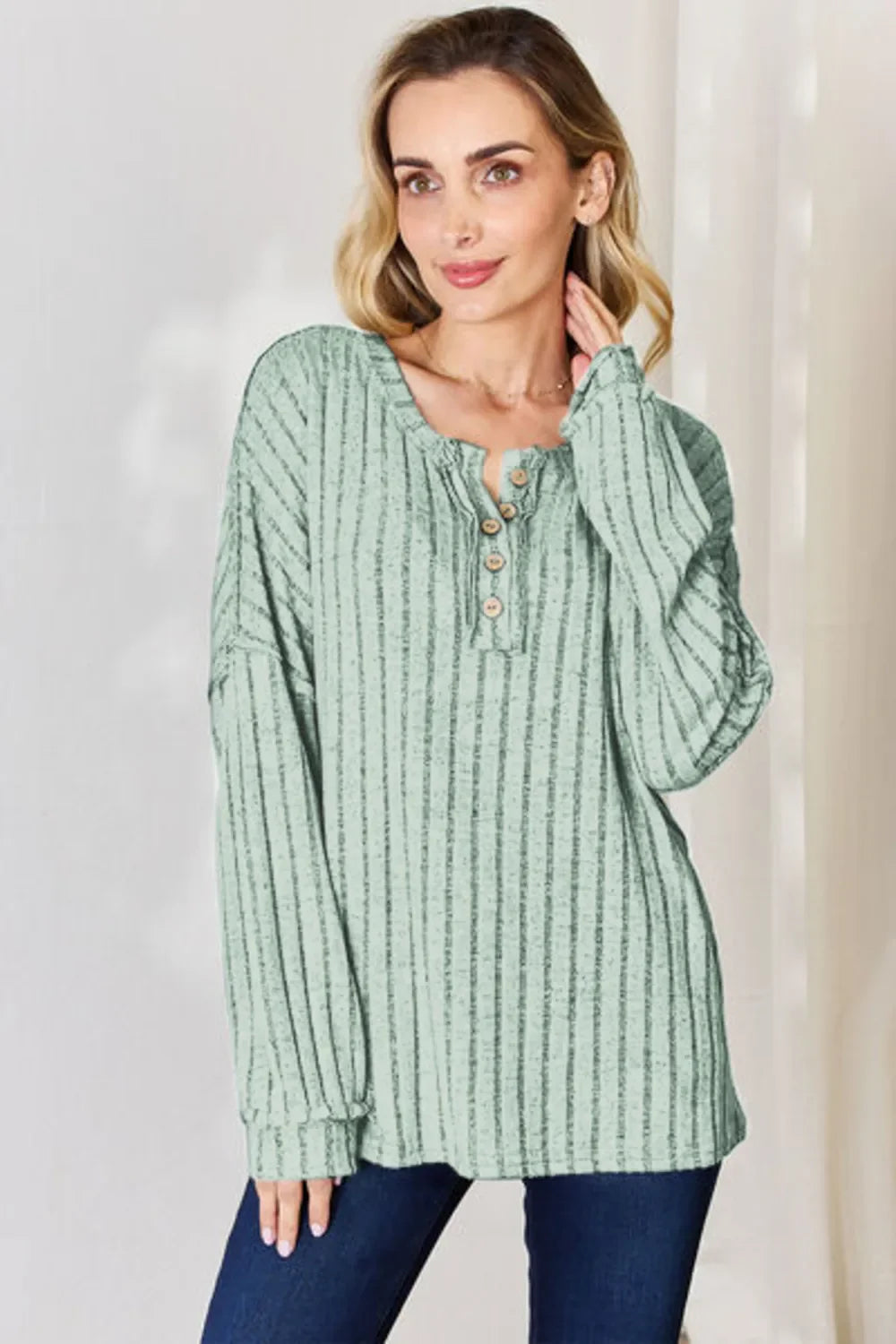 Basic Bae Full Size Ribbed Half Button Long Sleeve Women's T-Shirt - The Eggy's store