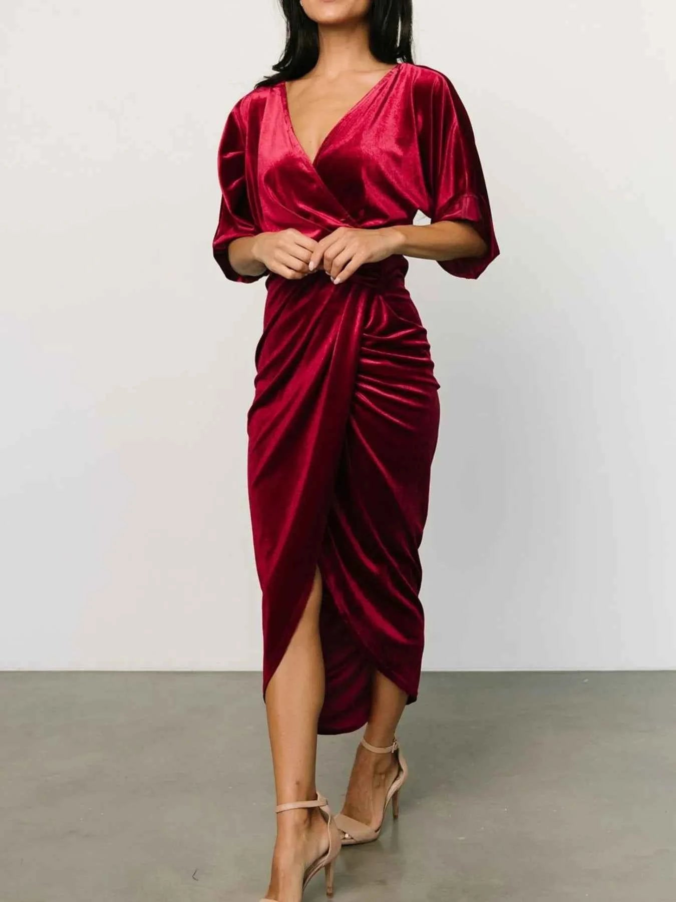 Ruched Surplice Half Sleeve Dress