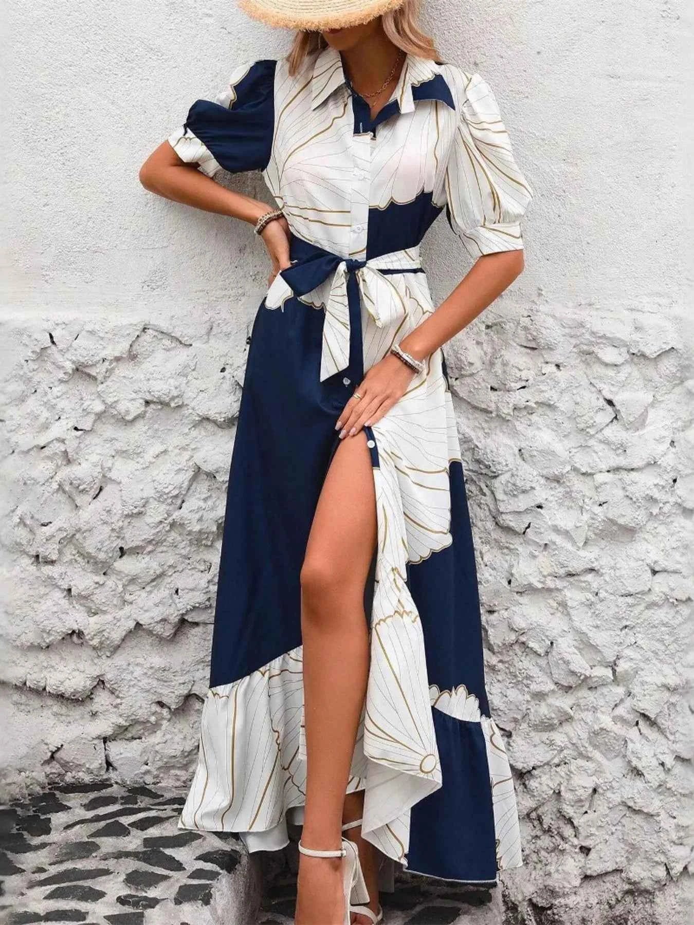Printed Button Down Half Sleeve Maxi Shirt Dress