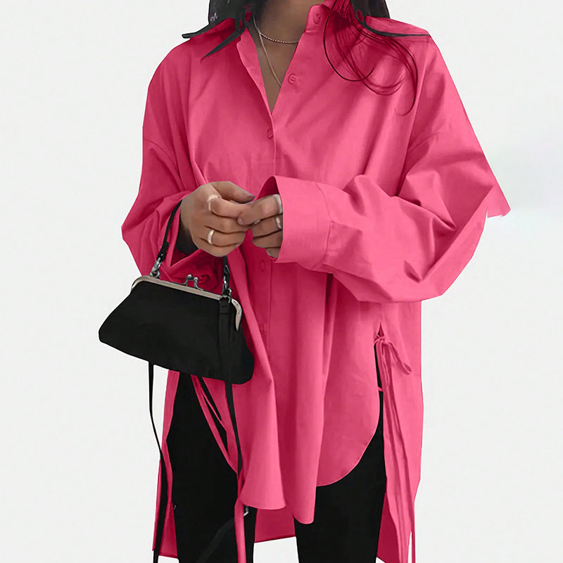 Women's Casual Loose-Fit Long Sleeve Shirt - Side Slit Tie Detail Button-Down Blouse, Solid Color Top - The Eggy's store