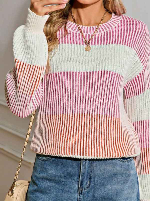 Color Block Lantern Rib Knitted Sweater