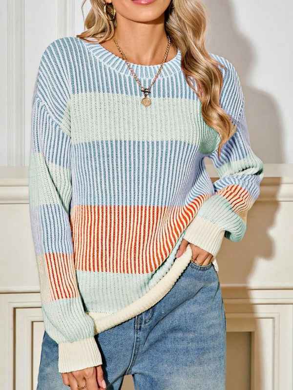Color Block Lantern Rib Knitted Sweater