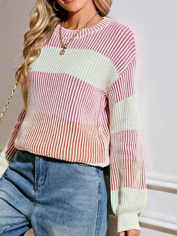 Color Block Lantern Rib Knitted Sweater