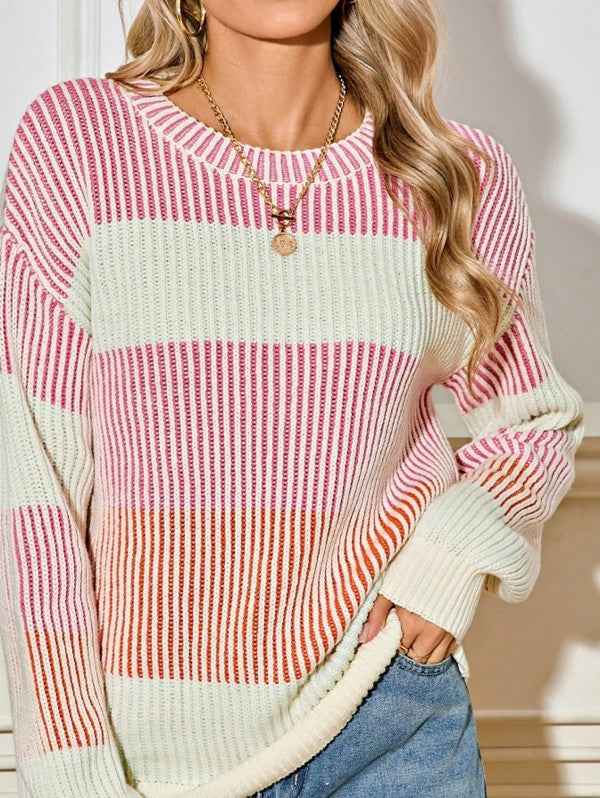 Color Block Lantern Rib Knitted Sweater