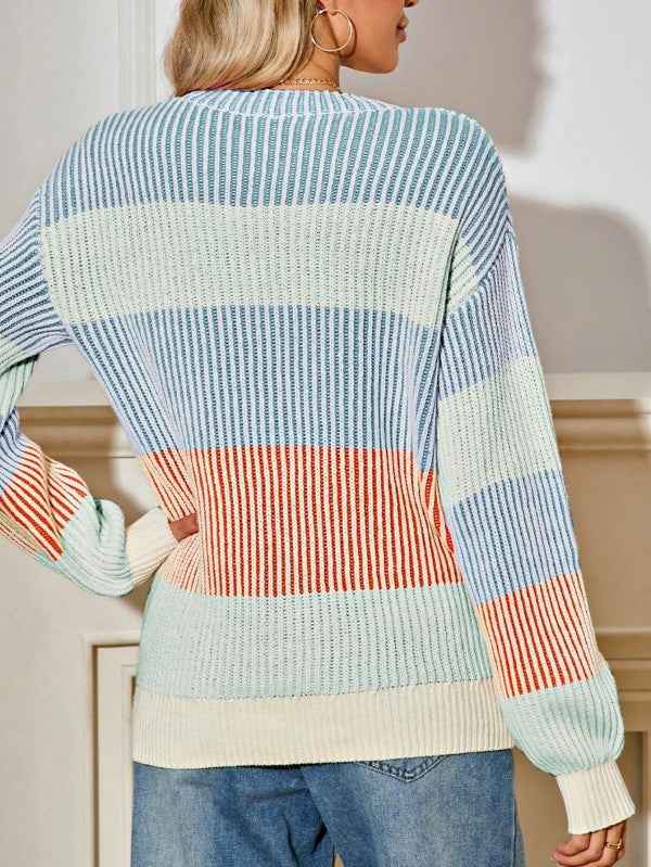 Color Block Lantern Rib Knitted Sweater