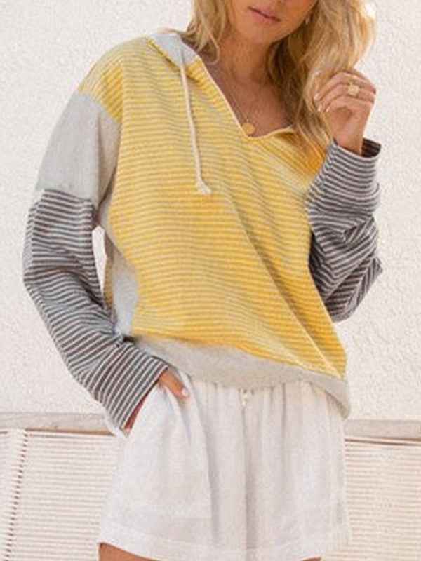 Cotton Stripe V Neck Loose Fit Hooded Pull Over