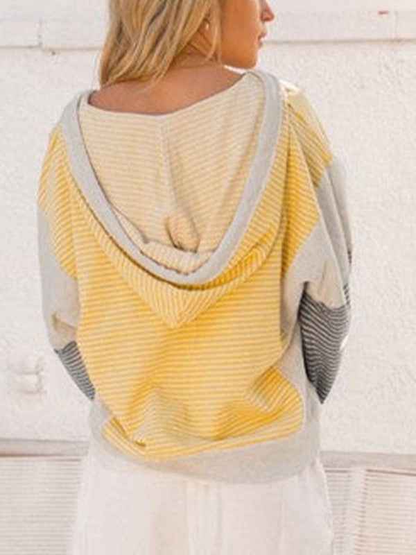 Cotton Stripe V Neck Loose Fit Hooded Pull Over