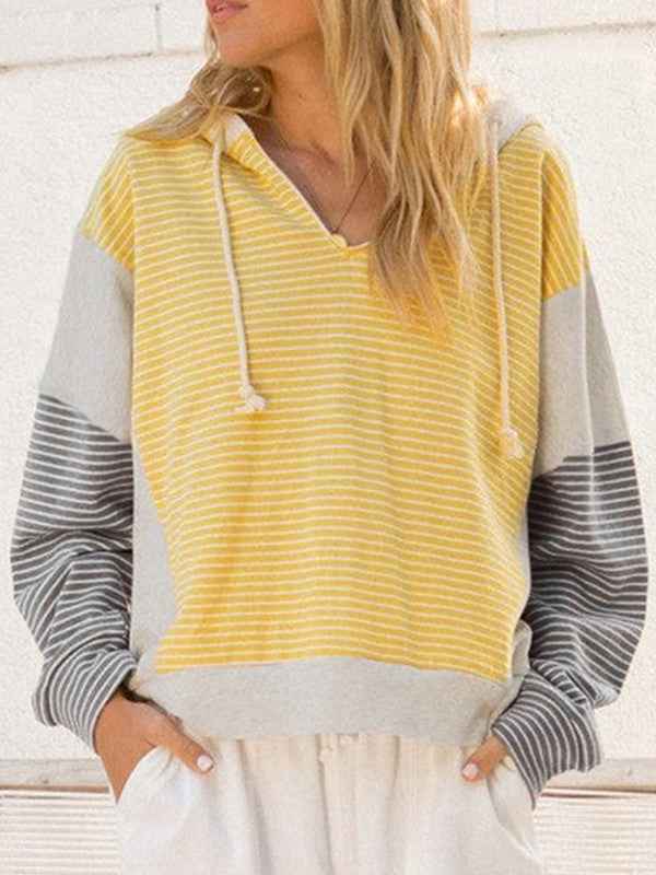 Cotton Stripe V Neck Loose Fit Hooded Pull Over
