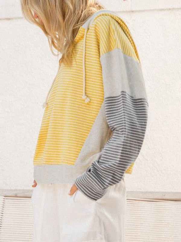 Cotton Stripe V Neck Loose Fit Hooded Pull Over