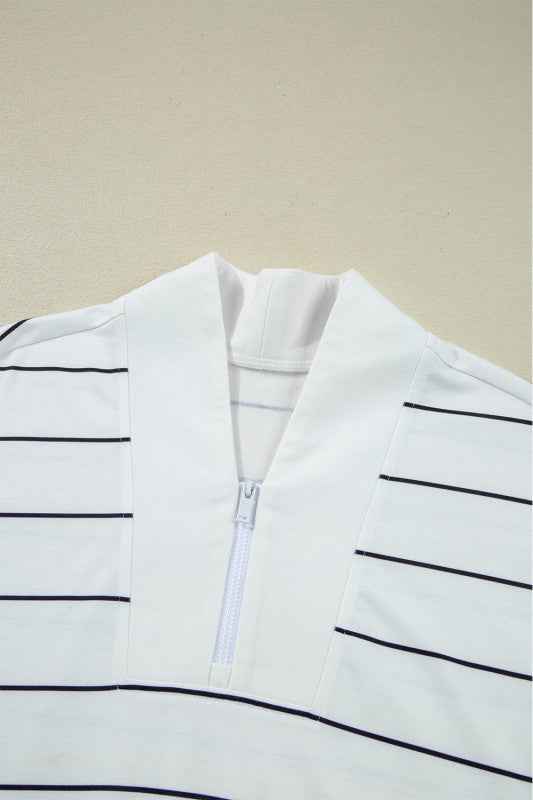 Classic Striped Zipper V-Neck Drop Sleeve Top