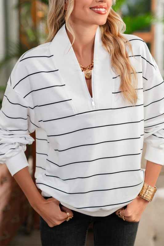 Classic Striped Zipper V-Neck Drop Sleeve Top