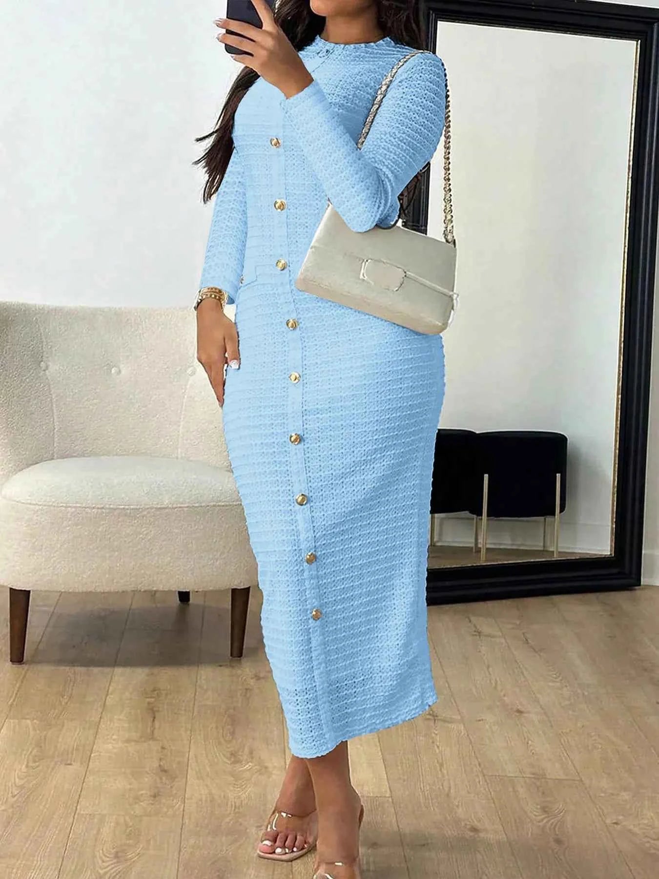 Textured Long Sleeve Midi Dress