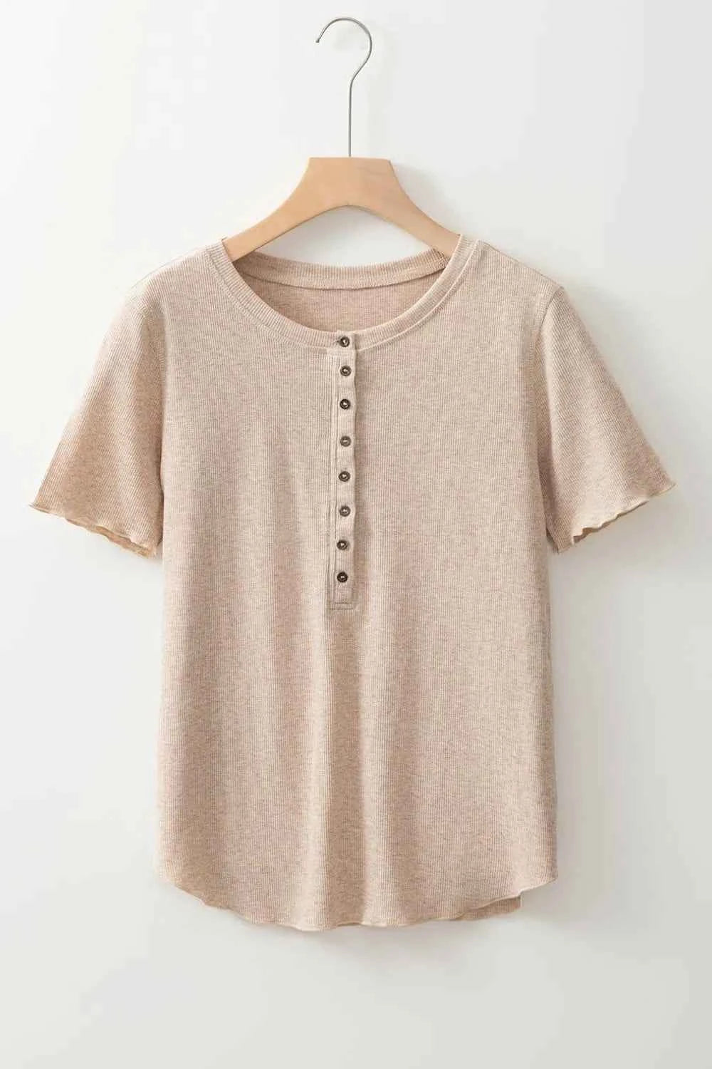 Short Sleeve Half Button Ribbed Knit Top