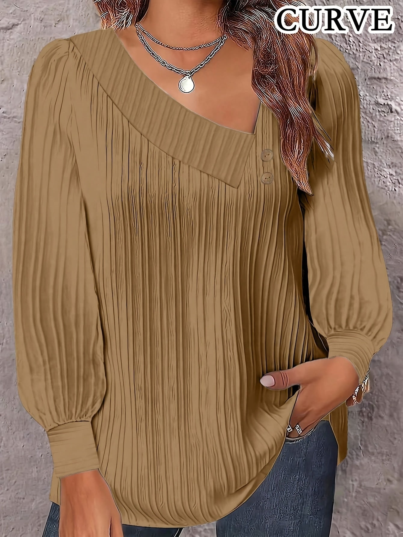 Plus Size Chic V-Neck Blouse with Decorative Buttons
