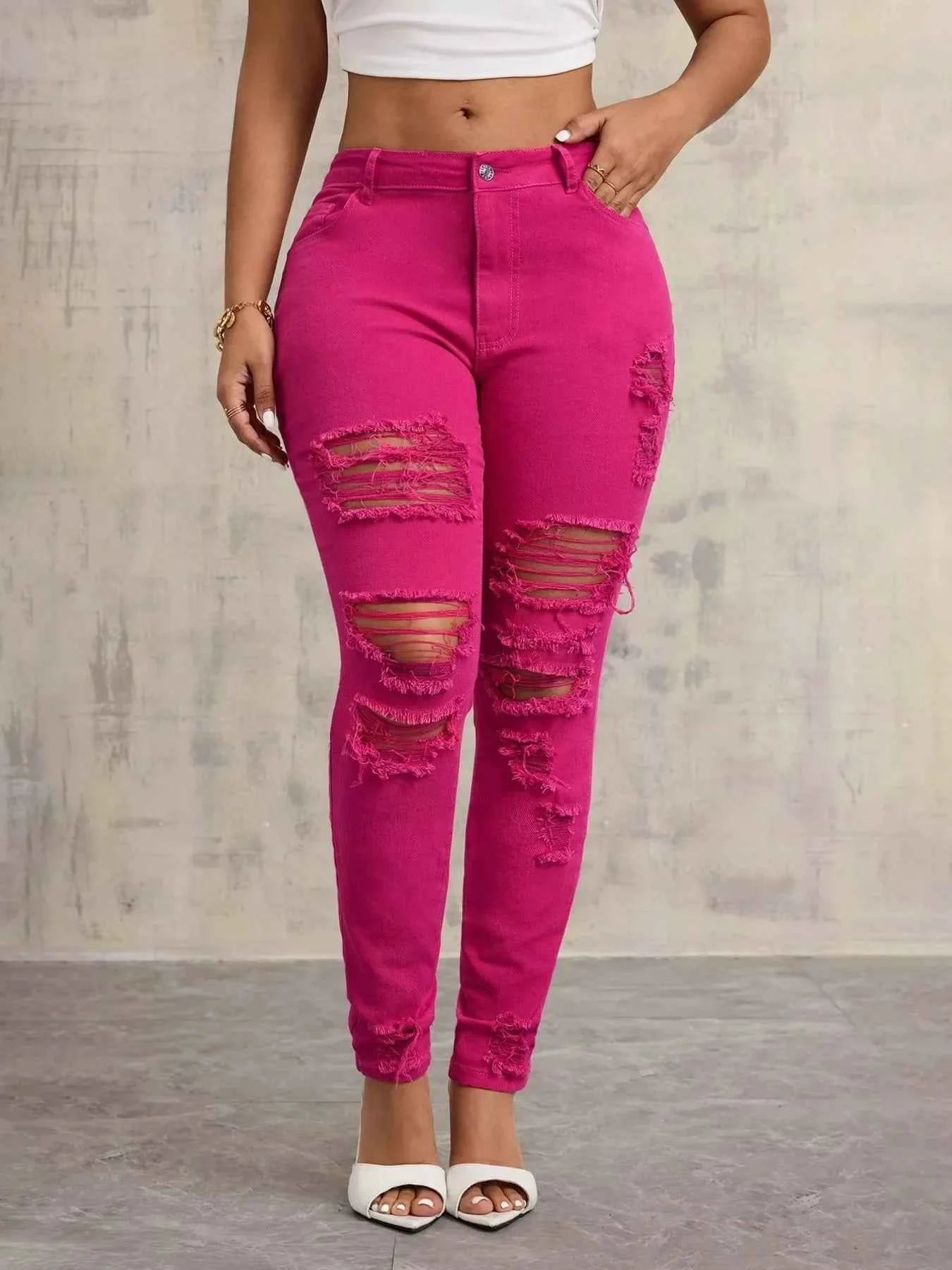 Fuchsia Fierce Distressed High-Waisted Skinny Jeans