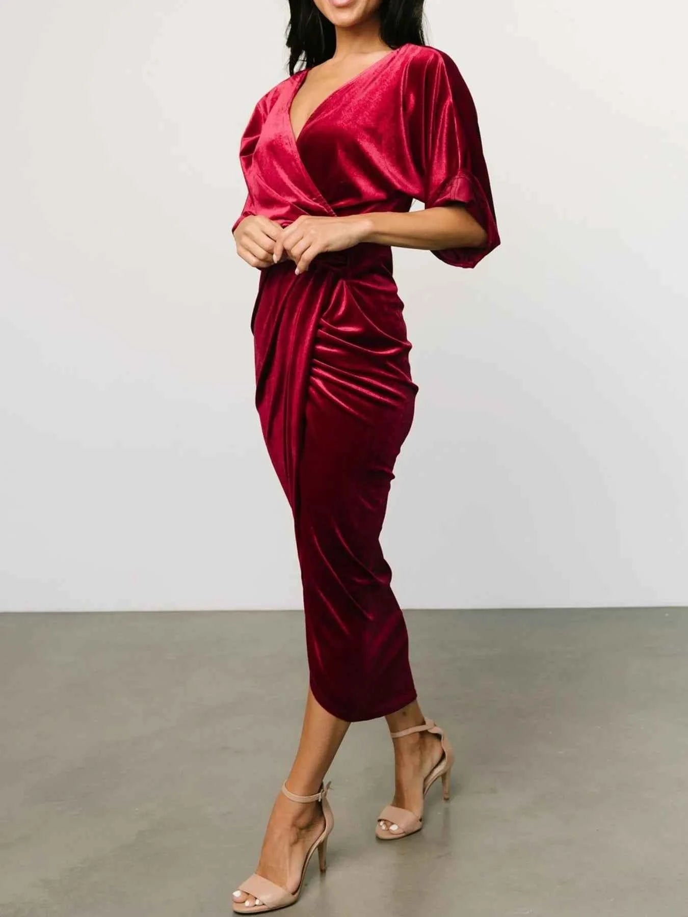 Ruched Surplice Half Sleeve Dress