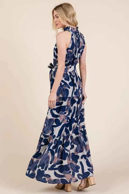 Lime 'N' Chili Abstract Halter Neck Tie-Waist Tiered Maxi Dress