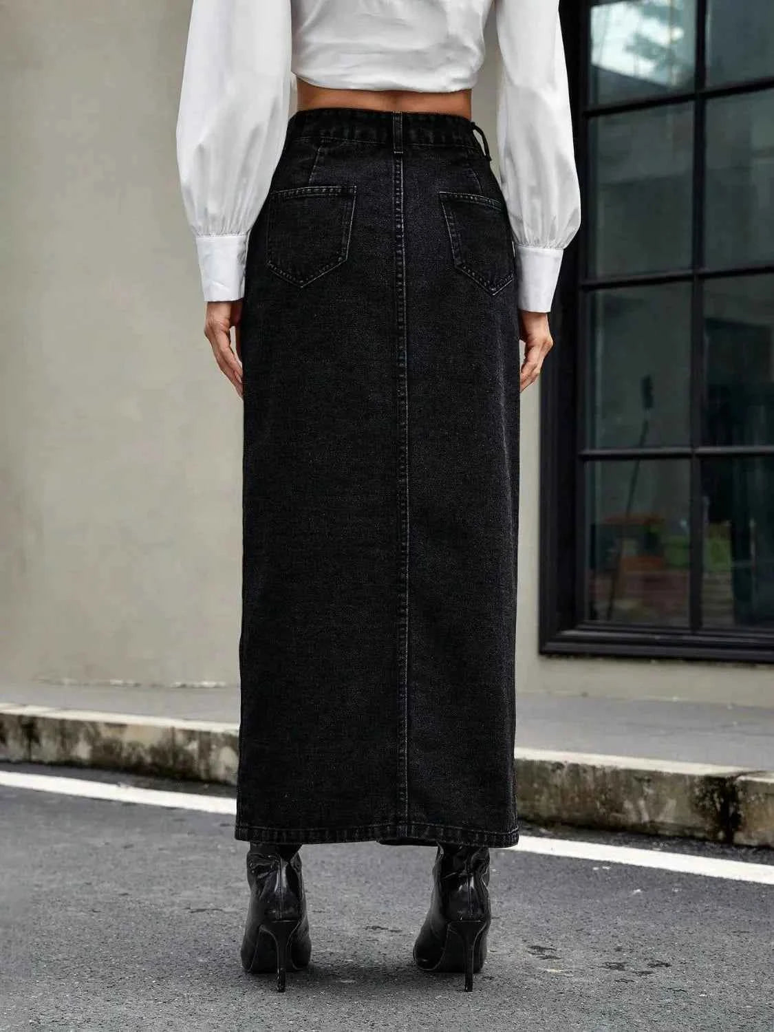 Black Button Front Denim Maxi Skirt with Slit
