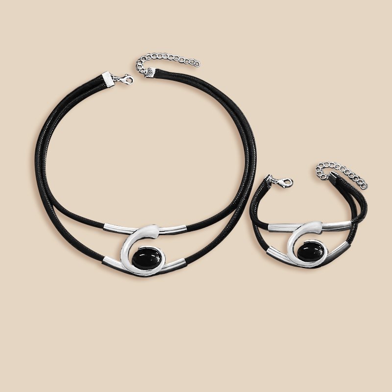 Modern Elegance Black and Silver Leather Choker Set and Bracelet Combo - The Eggy's store