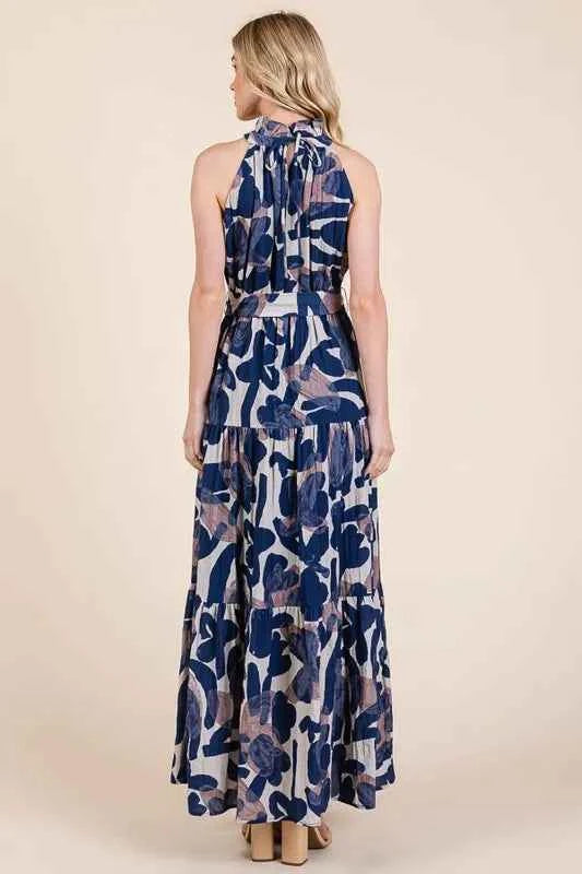 Lime 'N' Chili Abstract Halter Neck Tie-Waist Tiered Maxi Dress