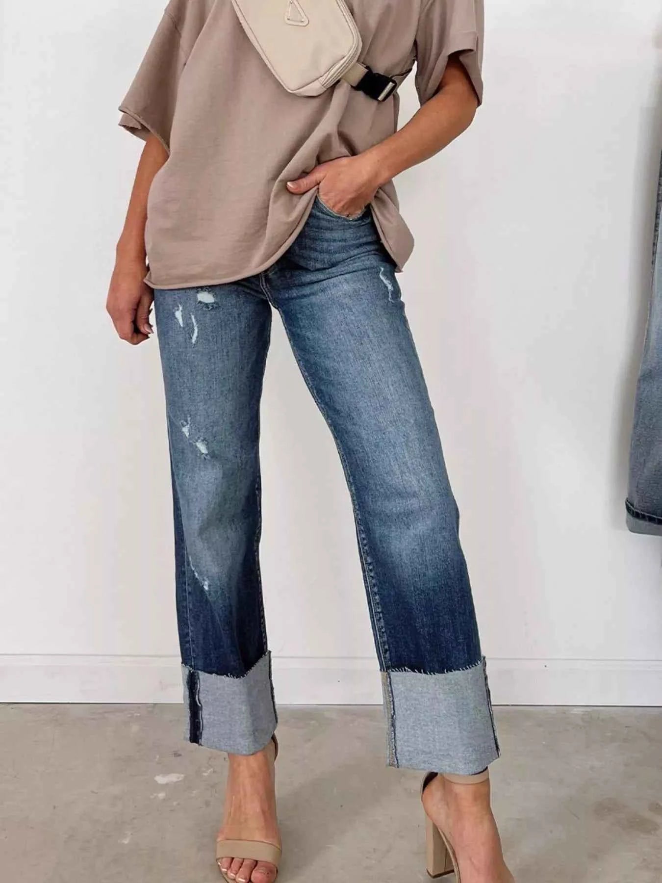 High Waist Distressed Straight Leg Jeans