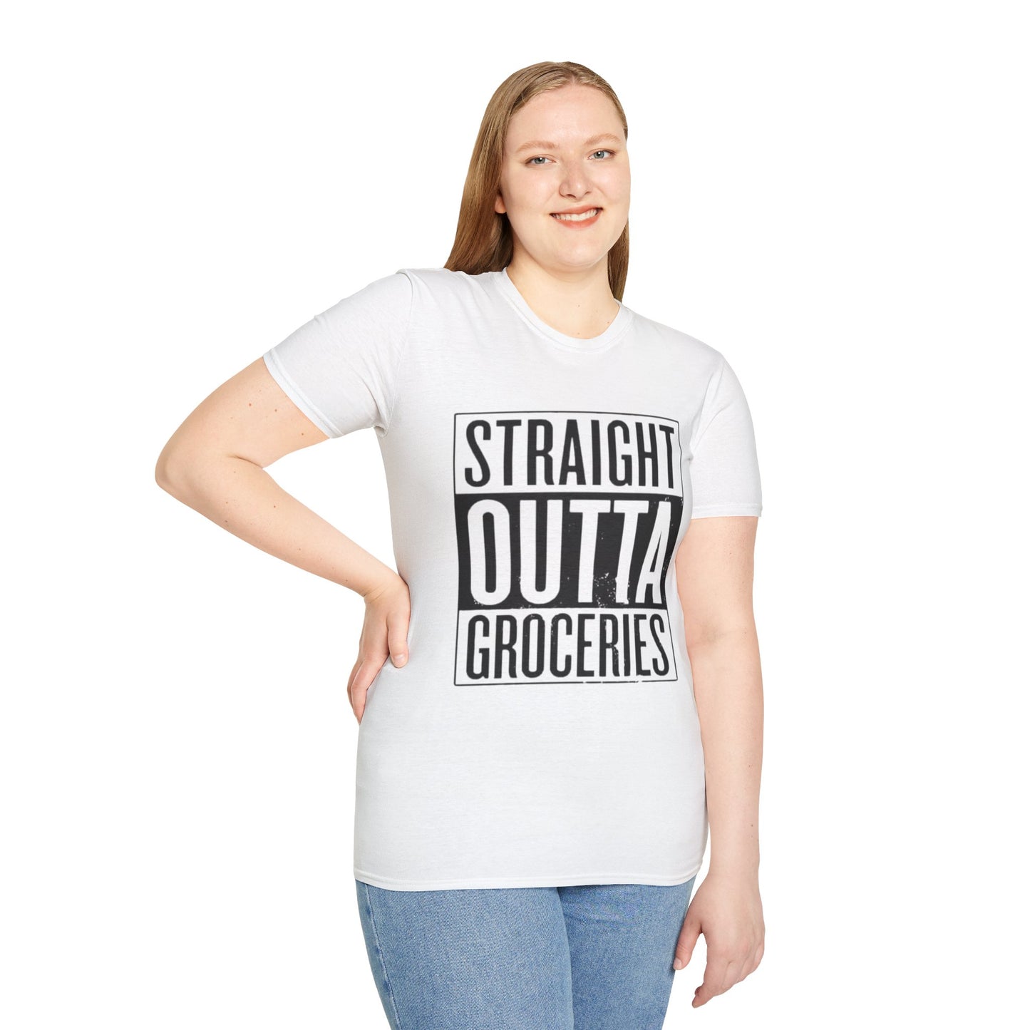 Straight Outta Groceries Unisex Softstyle Women's T-Shirt, Funny Tee, Casual Wear, Gift for Foodies, Humor Clothing